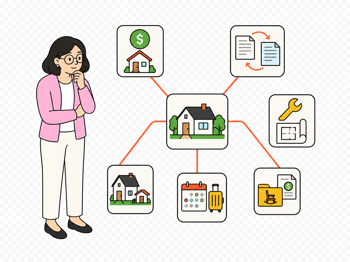 Mira reviewing the next property move from one central property card branching into several decision paths