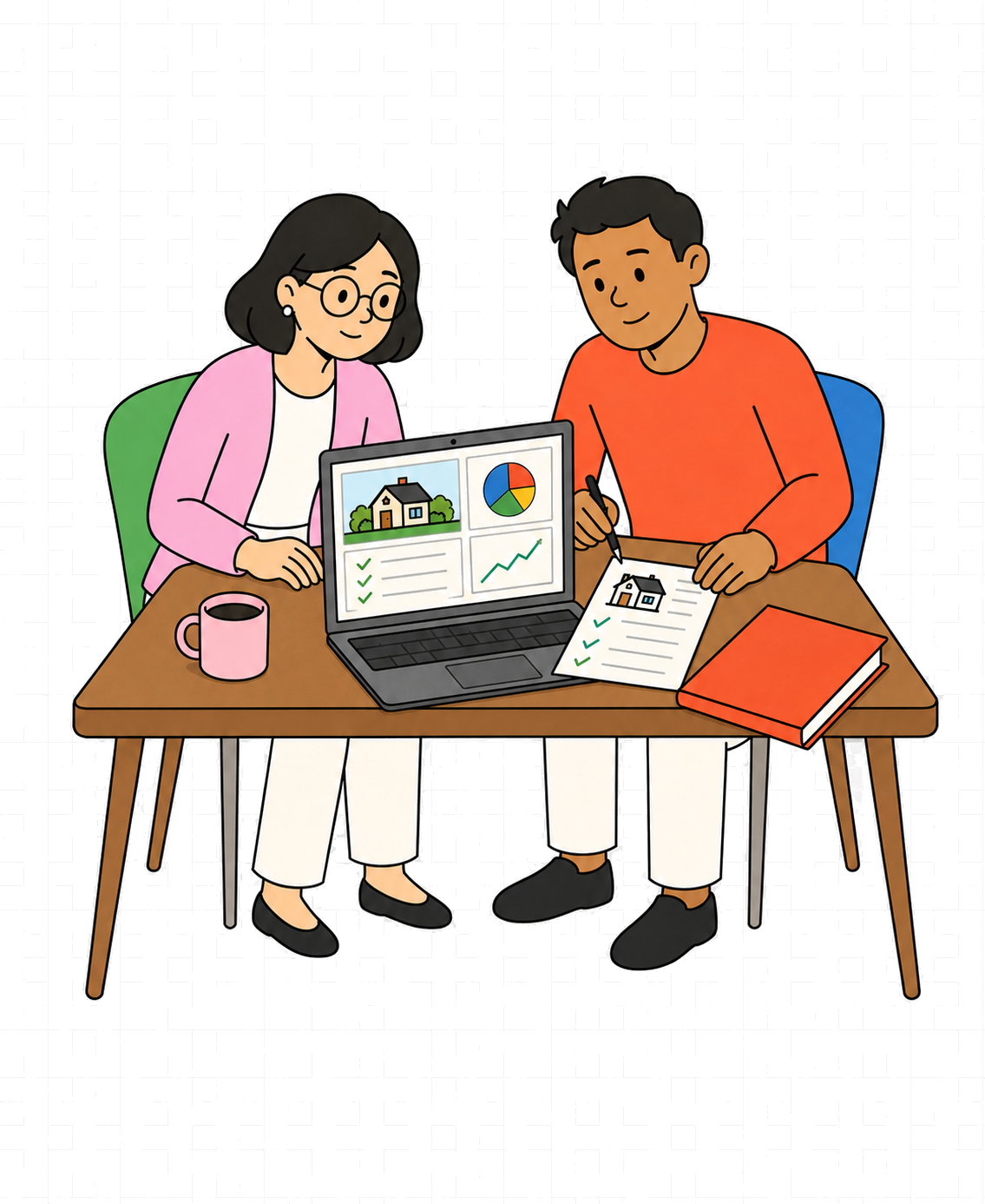 Mira and Arun reviewing a connected property plan together at the table with a laptop summary and handwritten checklist
