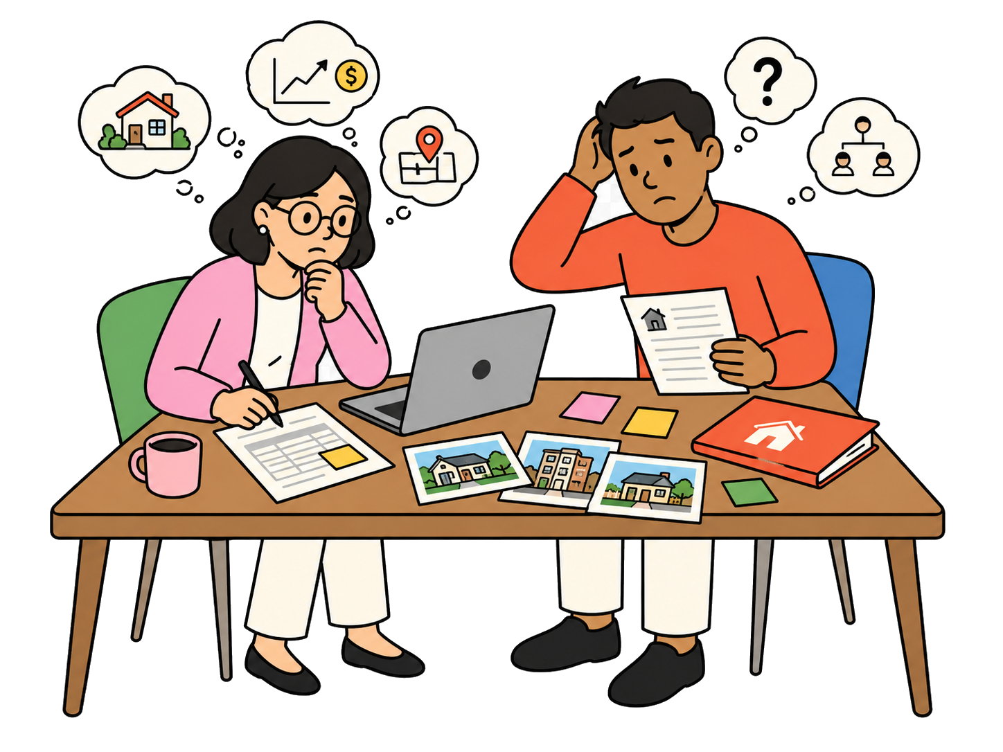 Mira and Arun reviewing scattered property notes, loan papers, suburb photos, and questions around a laptop